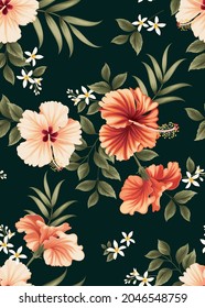 Seamless pattern of hibiscus flowers and palm leaf background template. Vector set of floral element for tropical print, wedding invitations, greeting card, brochure, banners and fashion design.