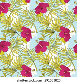 Seamless pattern with hibiscus flowers and palm leaves, vector illustration