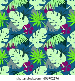 Seamless pattern with hibiscus flowers, palm tree leaves, branches. Natural background. Summer print, wallpaper