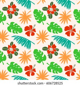 Seamless pattern with hibiscus flowers, palm tree leaves, branches. Natural background. Summer print, wallpaper