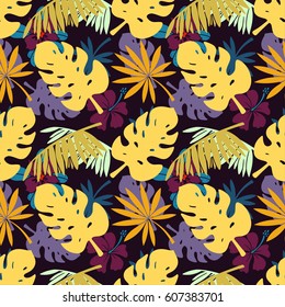 Seamless pattern with hibiscus flowers, palm tree leaves, branches. Natural background. Summer print, wallpaper