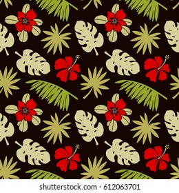 Seamless pattern with hibiscus flowers, palm tree leaves, branches. Natural background. Summer print, wallpaper