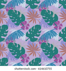 Seamless pattern with hibiscus flowers, palm tree leaves, branches. Natural background. Summer print, wallpaper