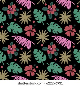 Seamless pattern with hibiscus flowers, palm tree leaves, branches. Natural background. Summer print, wallpaper