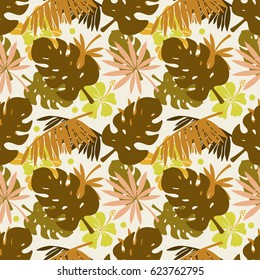 Seamless pattern with hibiscus flowers, palm tree leaves, branches. Natural background. Summer print, wallpaper