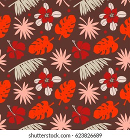 Seamless pattern with hibiscus flowers, palm tree leaves, branches. Natural background. Summer print, wallpaper