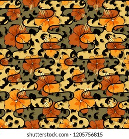 Seamless pattern with hibiscus flowers and print skins of an exotic animal.