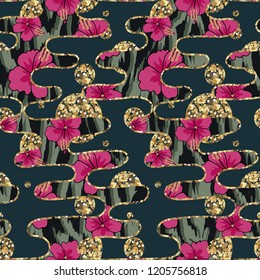 Seamless pattern with hibiscus flowers and print skins of an exotic animal.