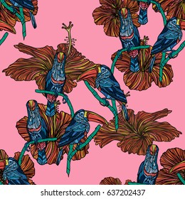 Seamless pattern with hibiscus flowers and toucans on pink background. Vector illustration. Typography design elements for prints, cards, posters, products packaging, branding.