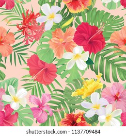 Nahtlose Muster von Hibiskusblumen und tropischem Laubhintergrund. Vektorset exotischen tropischen Garten für Feiertage, Grußkarte und Mode-Design.