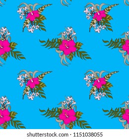 Seamless pattern with hibiscus flowers and tropical leaf. 