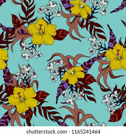 Seamless pattern with hibiscus flowers and tropical leaf. 