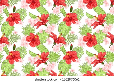 Seamless pattern with hibiscus flowers and tropical palm leaves. Exotic endless background, wallpaper.