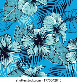 Seamless pattern of hibiscus flowers ,tropical leaves on blue background.Bright fabric pattern in summer.Designed for wallpaper, vintage style.Hand drawn floral pattern illustration.