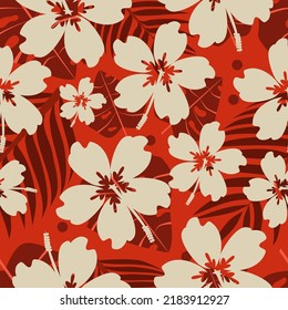 Seamless pattern of hibiscus flowers and tropical leaves (palm and monstera) on red background for textile, gift wrapper, backdrop, or wallpaper