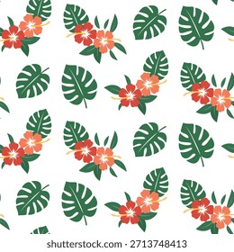 Un patrón perfecto de flores de hibisco y plantas tropicales. Ilustración tropical de verano. Patrón Abstractas.