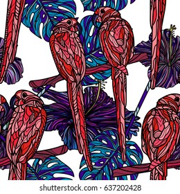 Seamless pattern with hibiscus flowers, tropical leaves and parrots on white background. Vector illustration. Typography design elements for prints, cards, posters, products packaging, branding.