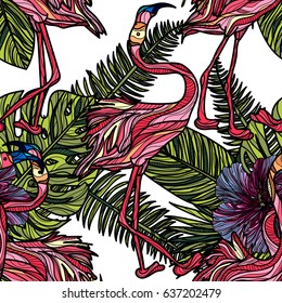 Seamless pattern with hibiscus flowers, tropical leaves and flamingo on white background. Vector illustration. Typography design elements for prints, cards, posters, products packaging, branding.