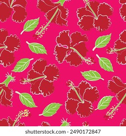 patrón sin fisuras hibisco colores completos caligrafía gráfica trazos en fondo magenta