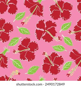 seamless pattern hibiscus full colors graphic calligraphy strokes in pink back ground