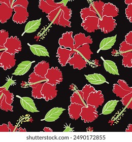 seamless pattern hibiscus full colors graphic calligraphy strokes in black background