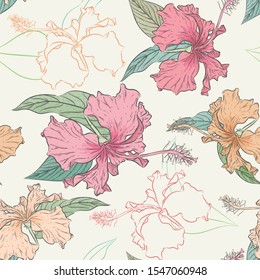 Seamless pattern of hibiscus and leaves