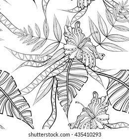 Seamless pattern of Hibiscus with leaves. Hand drawn Vector illustration in doodle style. Sketch for wallpaper, pattern fills, coloring books