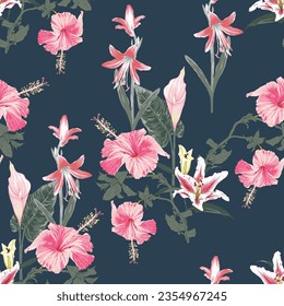 Seamless pattern Hibiscus lily and flamingo flowers background.Vector illustration dry watercolor hand drawing stlye.Fabric pattern print design texitle