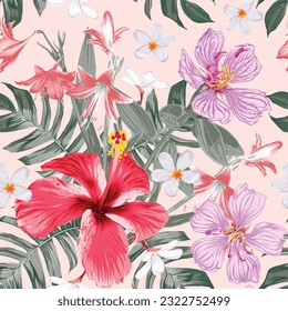 Seamless pattern Hibiscus and lily flowers monstera green leaf background.Vector illustration dry watercolor hand drawing stlye.Fabric pattern print design texitle