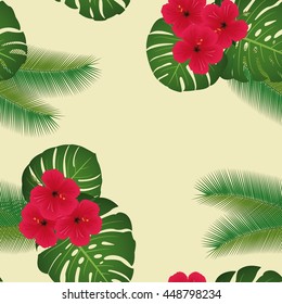 Seamless pattern. Hibiscus, monstera leaves, leaves of palm trees.