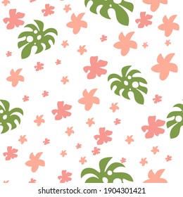 Seamless pattern with hibiscus and monstera. Tropical flowers  on white background.  Perfect for baby, kids apparel, print design, textile. 