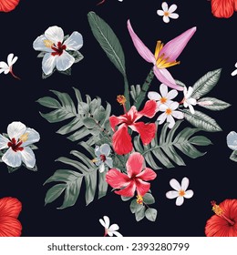 Seamless pattern Hibiscus and musa ornata flowers Eucalyptus green leaf background.Vector illustration dry watercolor hand drawing stlye.Fabric design texitle