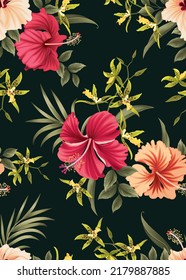 Seamless pattern of Hibiscus with Orchid flower and leaf background template. Vector set of floral element for tropical print, wedding invitations, greeting card, brochure, banners and fashion design.