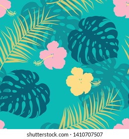 Seamless pattern with hibiscus and palm leaves