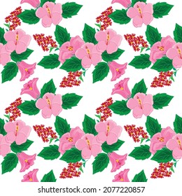 seamless pattern with hibiscus pink and green leaves
