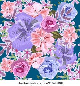 Seamless pattern with hibiscus, roses and geranium. Hand-drawn floral background for printing on fabric, clothing, home textiles, wallpaper, gift wrapping. Romantic design.
