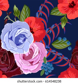 Seamless pattern with hibiscus and roses. Hand-drawn floral background for textile, cover, wallpaper, gift packaging, printing.Romantic design.