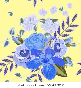 Seamless pattern with hibiscus and roses. Hand-drawn floral background for textile, cover, wallpaper, gift packaging, printing.Romantic design.Blue flowers on  yellow background.