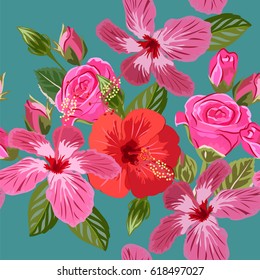 Seamless pattern with hibiscus and roses. Hand-drawn floral background for textile, cover, wallpaper, gift packaging, printing.Romantic design.