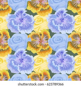 Seamless pattern with hibiscus and roses. Hand-drawn floral background for printing on fabric, clothing, home textiles, wallpaper, gift wrapping. Romantic design.