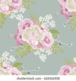 Seamless pattern with hibiscus and roses. Hand-drawn floral background for printing on fabric, clothing, home textiles, wallpaper, gift wrapping. Romantic design.
