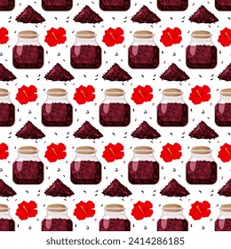Seamless pattern with Hibiscus Tea. Tea Jar, fresh and Dried rosella flowers. Herbal tea ingredients. Repeated Vector illustration of drink in cartoon flat style for wallpaper, textile, wrapping