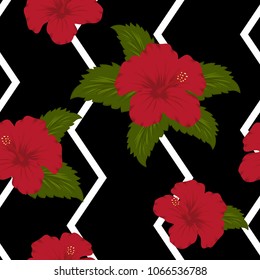Seamless pattern Hibiscus tropical flowers on black and white zig zag background.printing wallpaper.vector illustration