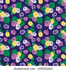 Seamless pattern with hibiscus, tropical leaves, hibiscus and pineapple fruit on purple background 