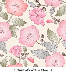 Seamless pattern with hibiscus. Vector illustration.
