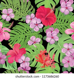 Seamless pattern of hibiscus with vinca flowers and tropical monstera leaves background. Vector set of exotic tropical garden for holiday invitations, greeting card and fashion design.