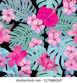 Seamless pattern of hibiscus with vinca flowers and tropical monstera leaves background. Vector set of exotic tropical garden for holiday invitations, greeting card and fashion design.