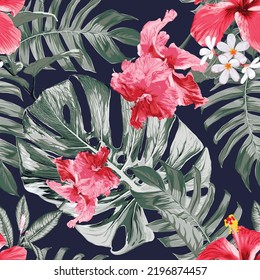 Seamless pattern Hibiscusand frangipani flowers monstera green leaf background.Vector illustration dry watercolor hand drawing stlye.Fabric design texitle