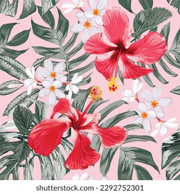 Seamless pattern Hibiscusand frangipani flowers monstera green leaf background.Vector illustration dry watercolor hand drawing stlye.Fabric design texitle