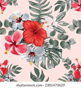 Seamless pattern Hibiscusand frangipani flowers Eucalyptus green leaf background.Vector illustration dry watercolor hand drawing stlye.Fabric design texitle